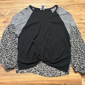 Daytrip Black and Gray Floral Sleeve Blouse